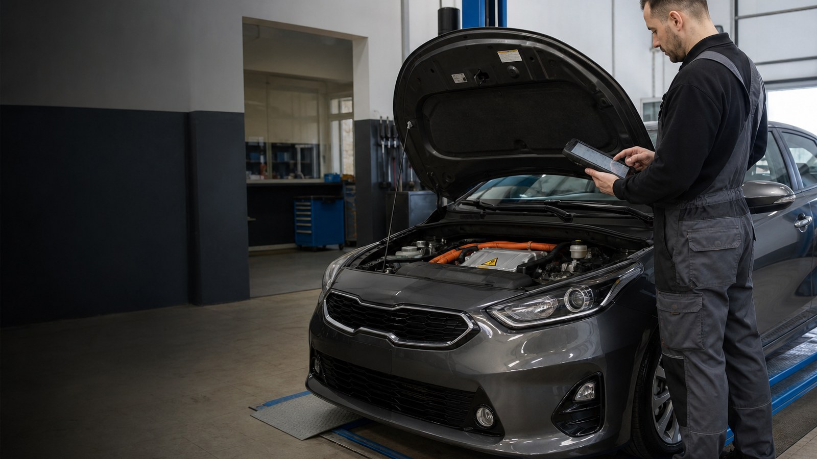 Mechanikas diagnostikos įranga tikrina hibridinį automobilį